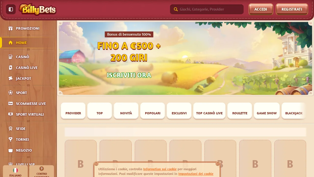 Billybets — schermata del sito Costa Rica
